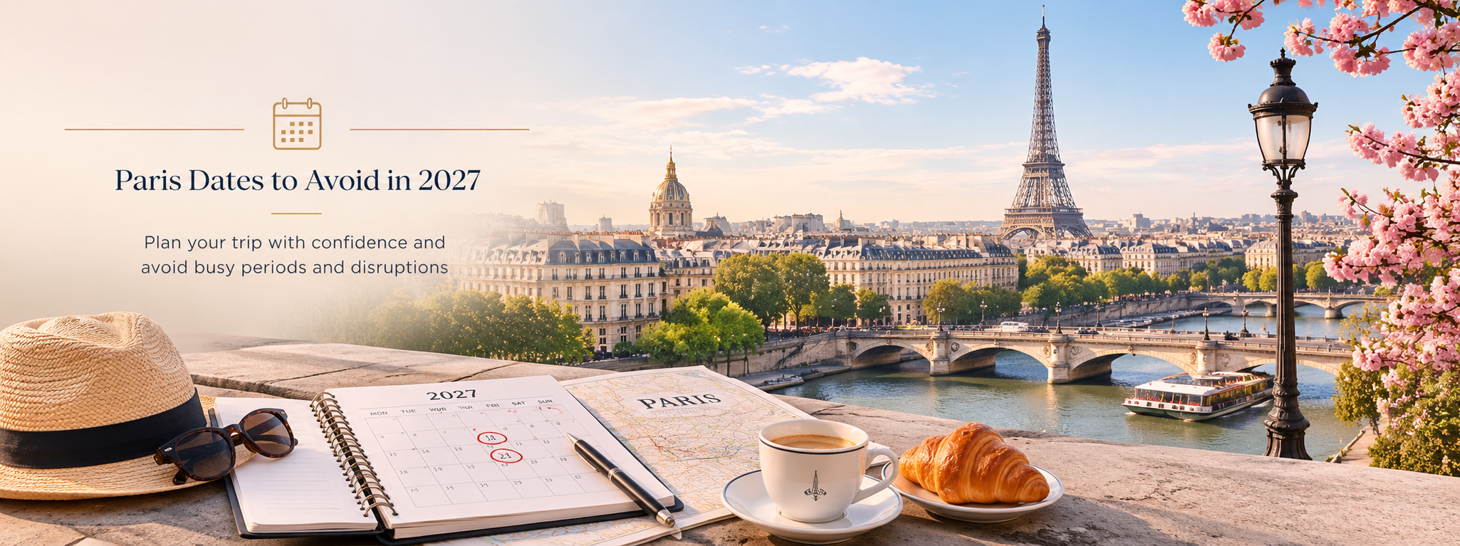 Paris Dates to Avoid in 2027 – Travel Planning Guide Paris travel planning for 2027 with calendar, city map and Eiffel Tower, highlighting busy periods, public holidays and important dates to avoid.