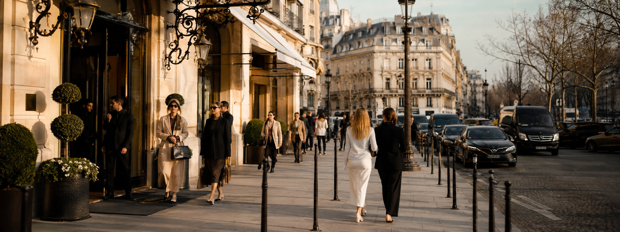 Elegant Paris street during Fashion Week with luxury hotels, stylish visitors and busy traffic.