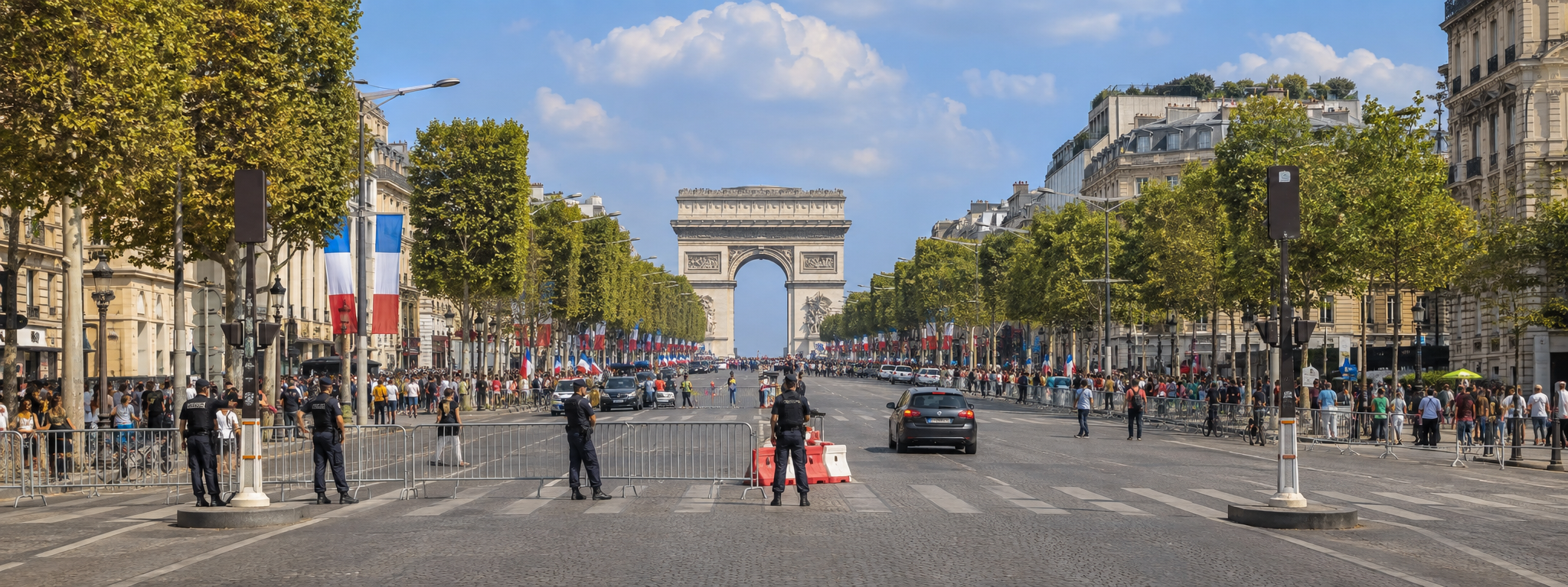 Paris avenue near the Arc de Triomphe with traffic restrictions, barriers and crowds during a major event.