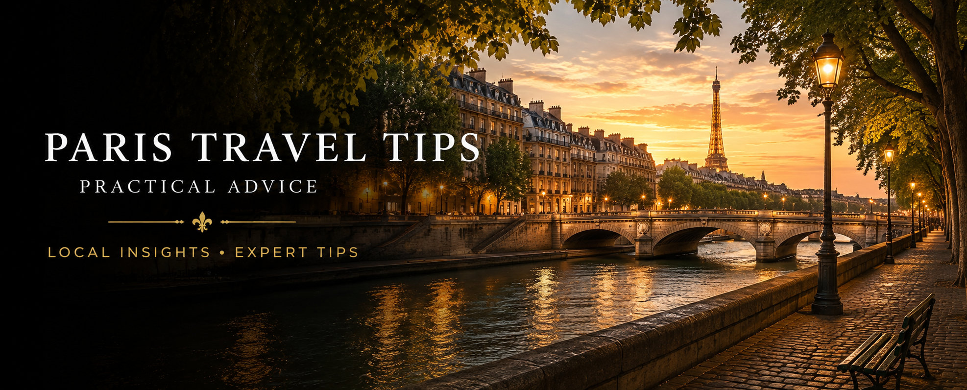 Paris travel tips banner with the Eiffel Tower, Seine River and Parisian architecture at sunset, featuring practical advice and local insights for visitors.
