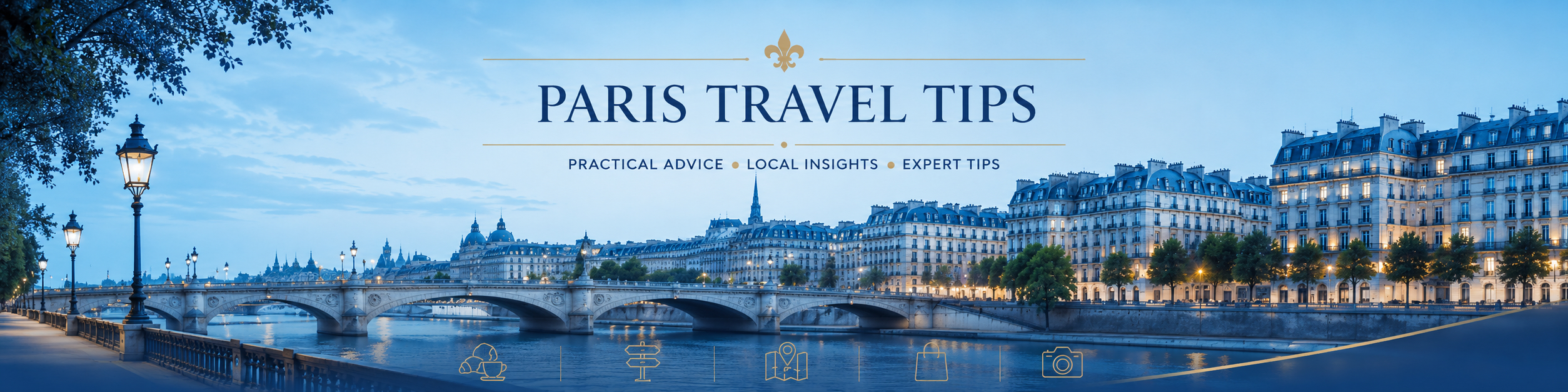 Paris Travel Tips banner showing a blue-toned view of the Seine River, historic Paris bridges and Haussmann buildings with practical travel advice for visitors