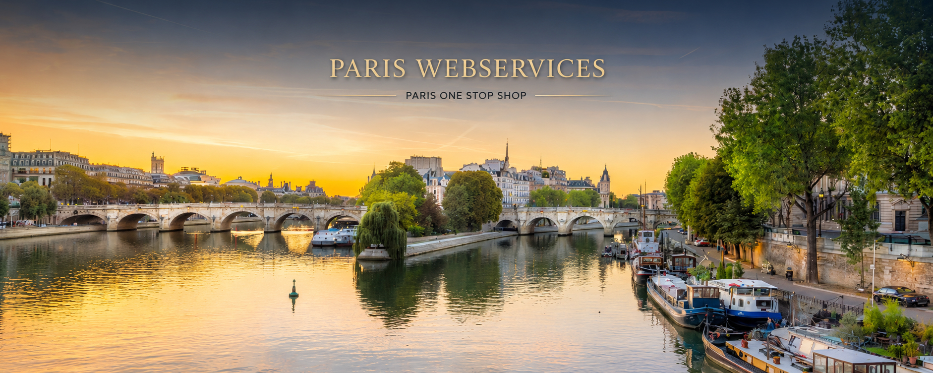 Paris Webservices – Paris One Stop Shop overlooking the Seine at sunset Paris Webservices Paris One Stop Shop banner showing a sunset view of the Seine River in Paris with historic bridges and city landmarks