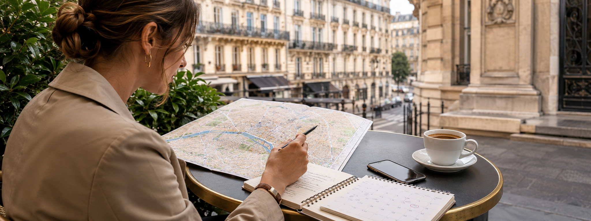 Traveller planning a Paris trip with a city map, calendar and notebook at a Parisian café.