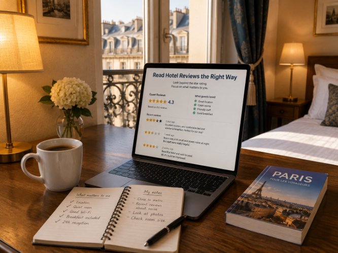 Laptop displaying recent Paris hotel guest reviews with ratings, location, room comfort and service details beside travel notes in a Paris hotel room.