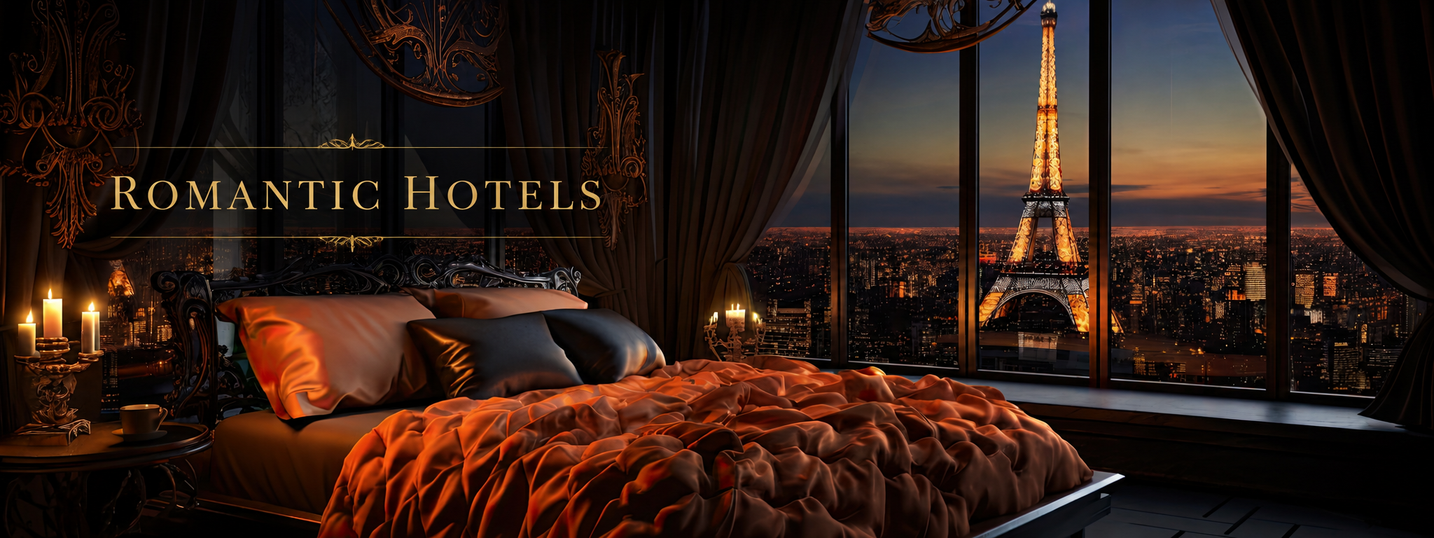 Romantic Hotels in Paris Romantic hotel room in Paris with elegant décor, champagne, candles and a couple enjoying a Paris view.