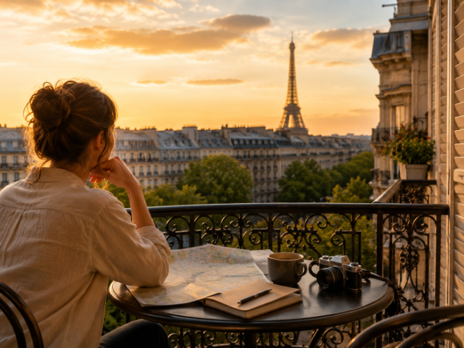 Start with Your Travel Style in Paris Traveler planning a Paris stay from a hotel balcony with a city map, coffee and Eiffel Tower view.