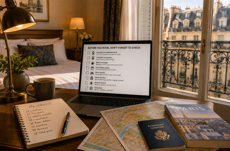 Paris hotel booking checklist with laptop, map, passport and notebook showing important details travellers should check before booking.