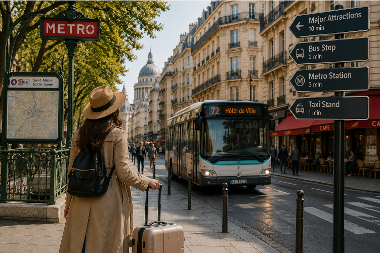 Traveler using a Paris map near a Metro entrance and city bus, showing why easy access to public transportation matters when choosing a hotel in Paris.