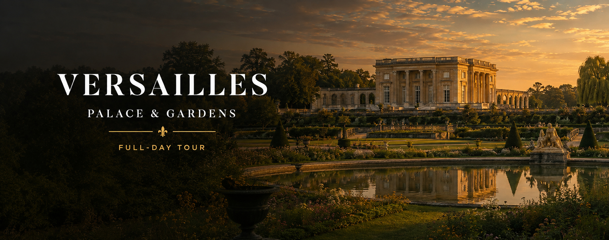 View of the Trianon estate and gardens at Versailles at sunset for a full-day tour from Paris