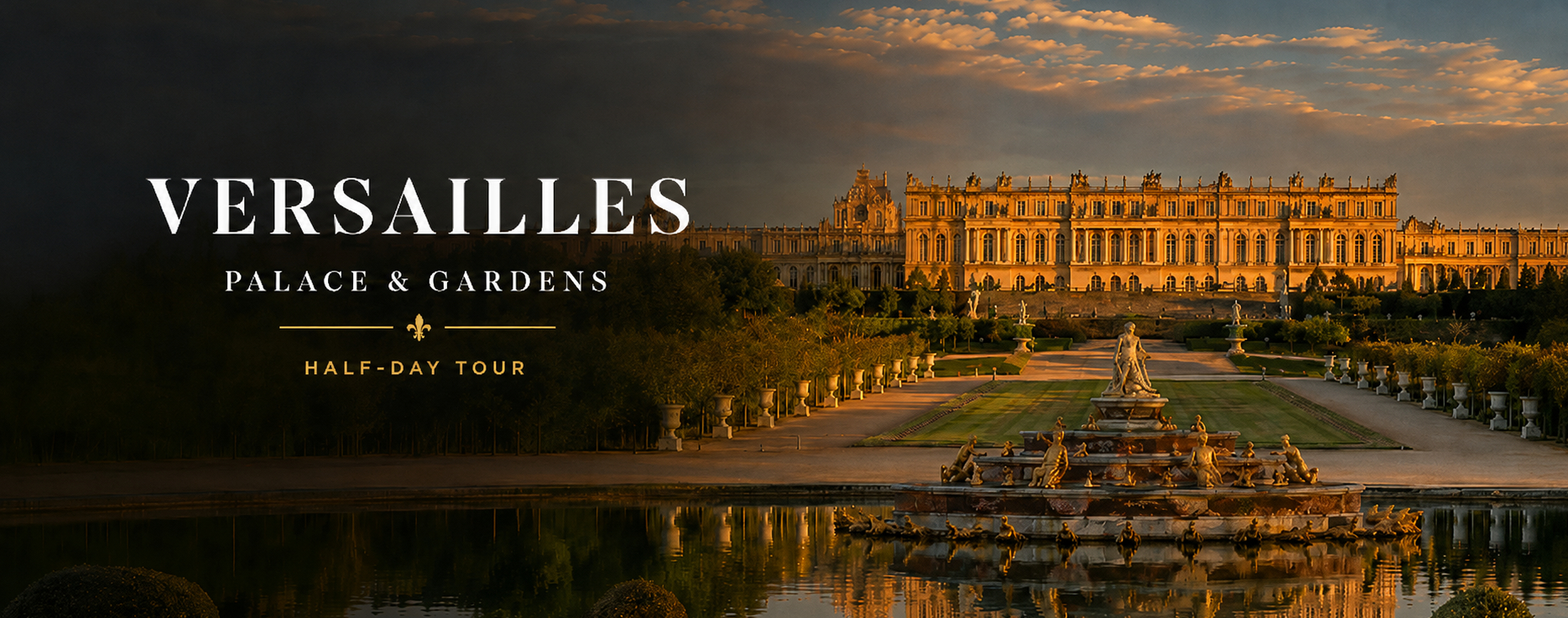 Panoramic view of the Palace of Versailles and its formal gardens at sunset for a half-day tour from Paris.