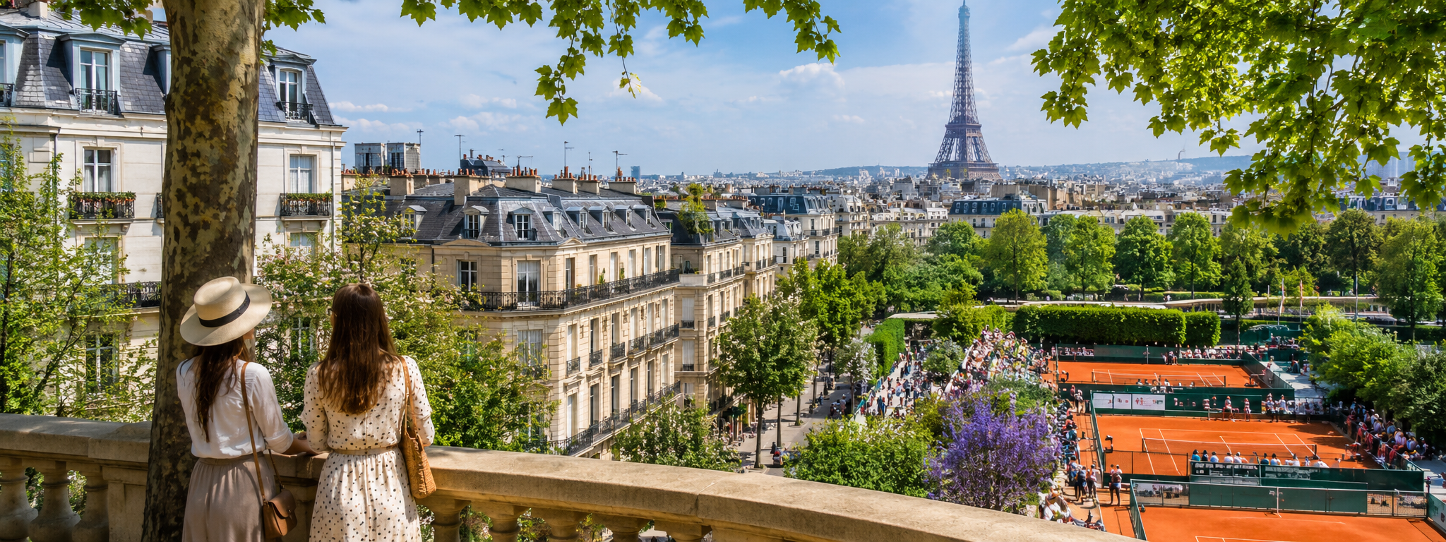 Panoramic spring view of Paris near Roland-Garros with tennis courts, green trees and the Eiffel Tower.